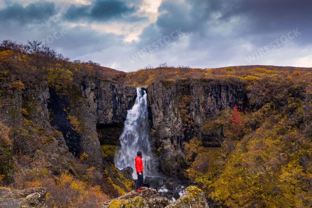 A landscape of the Voringfossen waterfall surrounded by greenery under a cloudy sky in Iceland