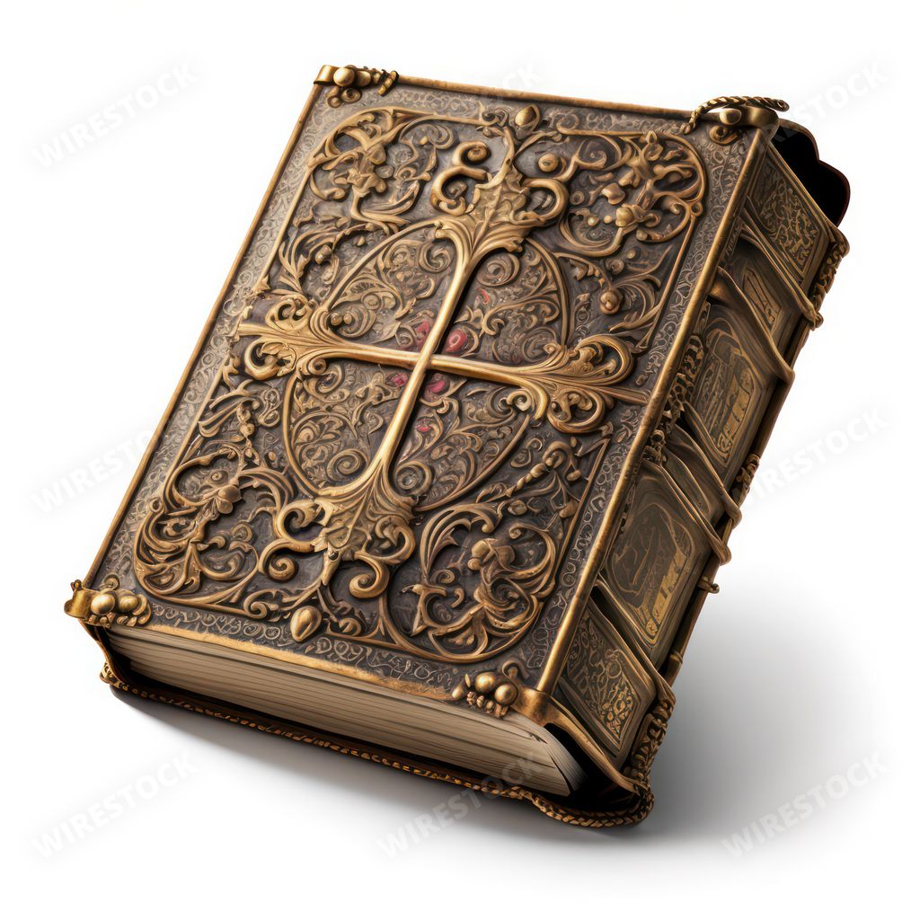 An AI-generated illustration of an ancient ornate bible isolated on a white background.
