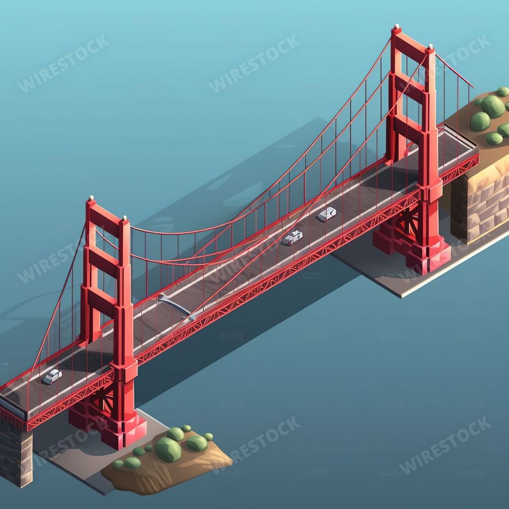 An AI generated illustration of a 3D design of the golden gate bridge on a bright blue background