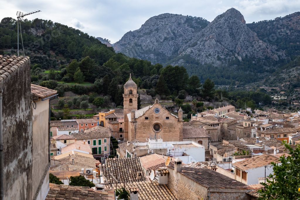 A scenic view of Banyola small town between mountains in Mallorca.