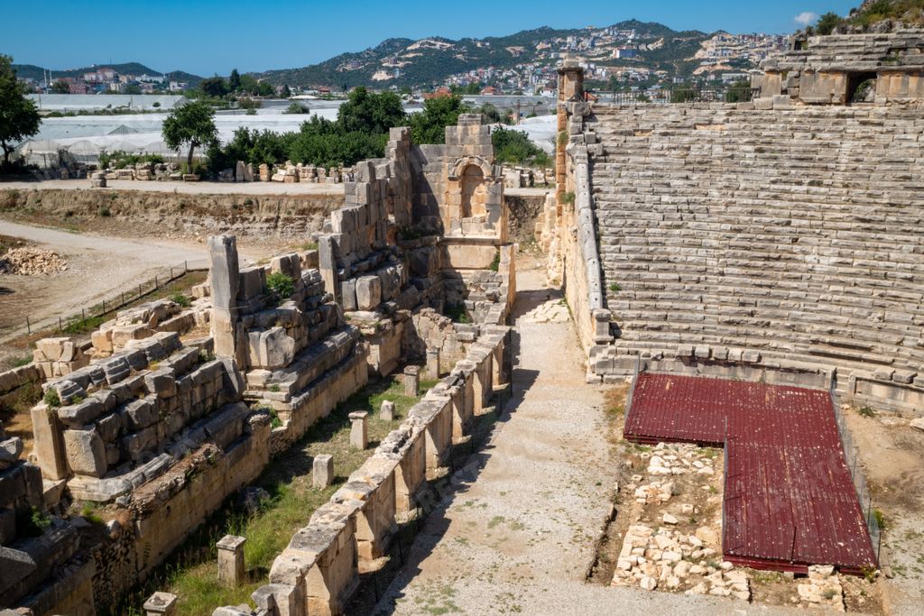 The ruins of the ancient Roman amphitheater at the Myra Ancient City on a sunny day in Demre, Antalya, Turkey