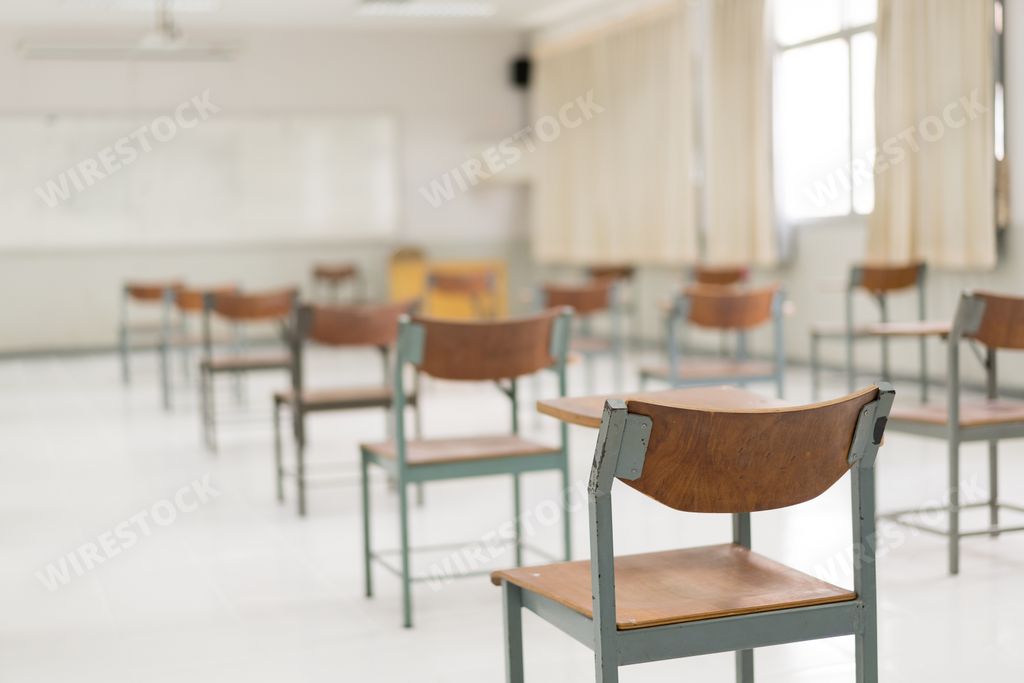 An empty classroom without students due to the COVID-19 pandemic and schools being closed