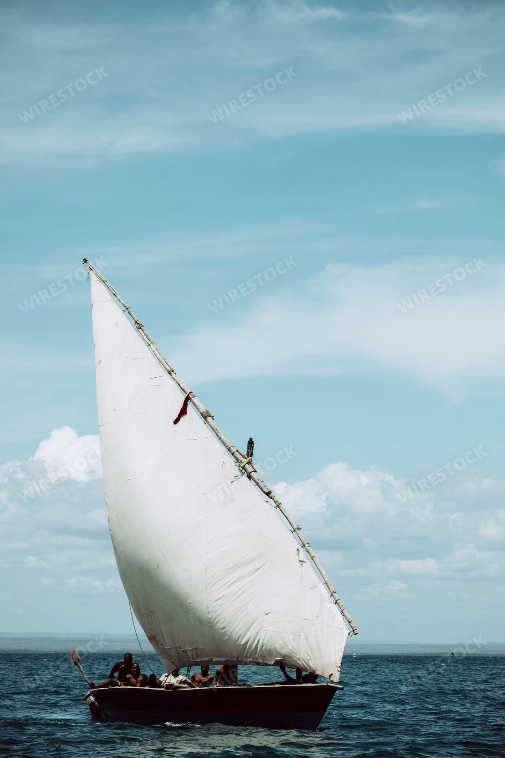 A white sailboat is pictured sailing in the open waters of a large body of water, with the ocean in the background