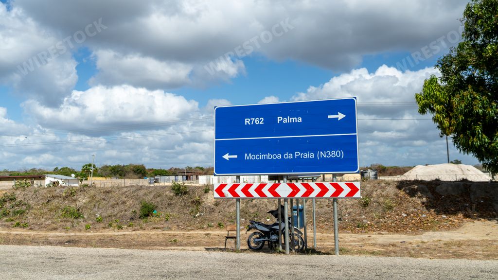A road sign in the towns of Mocimboa da Praia and Palma in the Cabo Delgado province of Mozambique