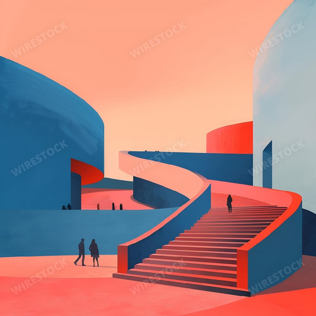 An AI generated illustration of Abstract architectural scene with people walking and climbing stairs in vibrant blue and orange hues