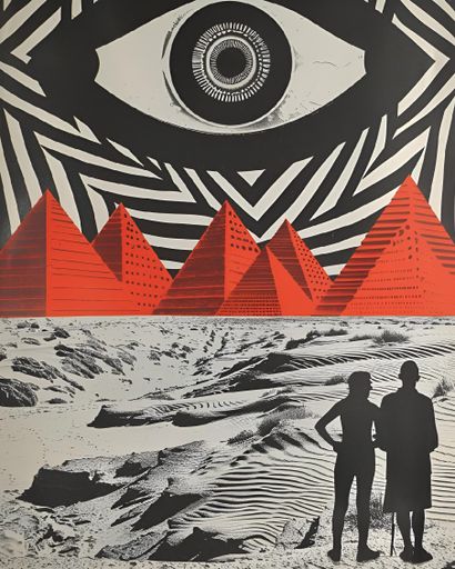 An AI generated illustration of Surrealist artwork featuring a giant eye, red pyramids, and silhouettes of two people in a desert landscape.