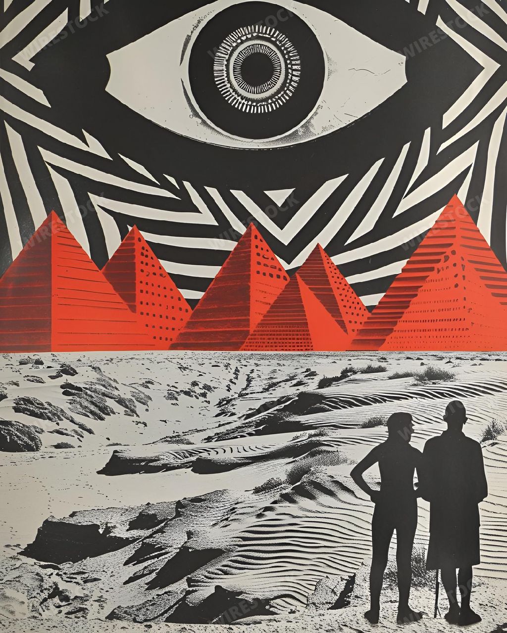 An AI generated illustration of Surrealist artwork featuring a giant eye, red pyramids, and silhouettes of two people in a desert landscape.