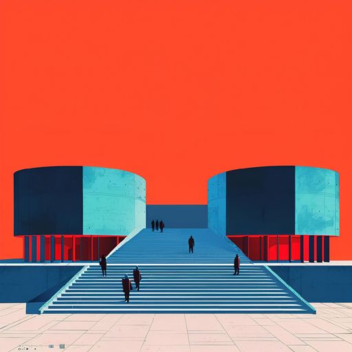 An AI generated illustration of Modern architectural illustration with vibrant colors and geometric shapes depicting people on stairs