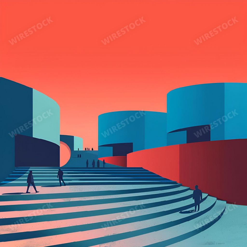 An AI generated illustration of Abstract digital illustration of modern architecture with people walking on stairs against a vibrant gradient sky.