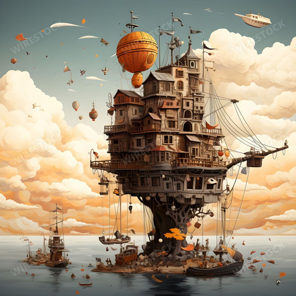 An AI generated illustration of a utopic city with layered building floating held up by balloons