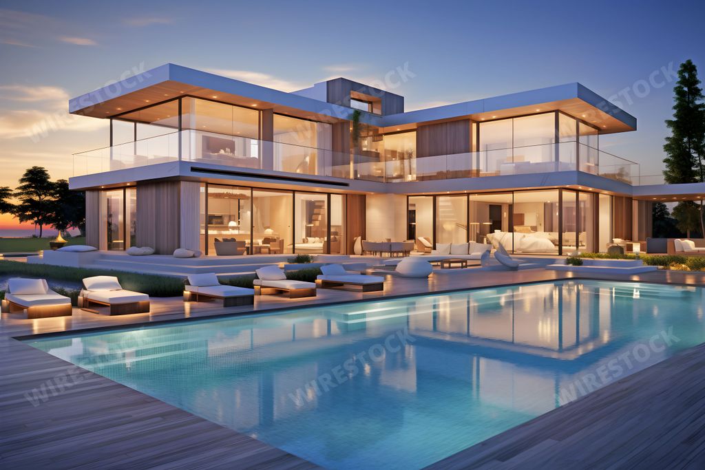 AI generated digital art of a contemporary, modern, multi-level luxurious villa with a big infinity pool and various trees in the background
