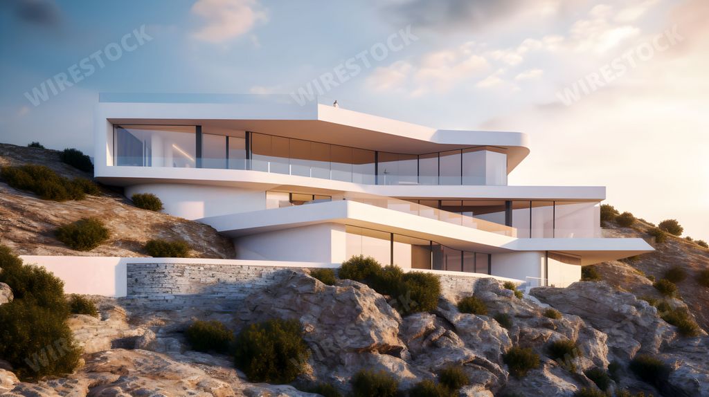 AI generated digital art of a luxurious minimalist white villa with big windows on top of a hill in Crete,Greece, surrounded by nature