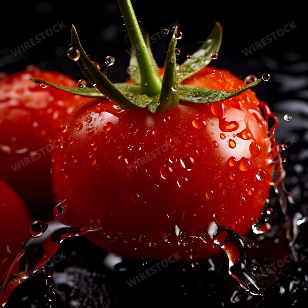 AI generated digital art of tomatoes up close, splashed with water