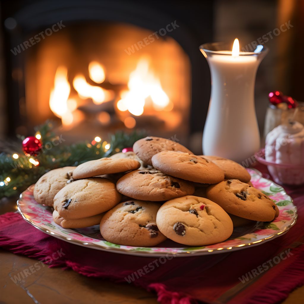 AI generated digital art of a plate of delicious chocolate chip cookies with a fireplace in the background