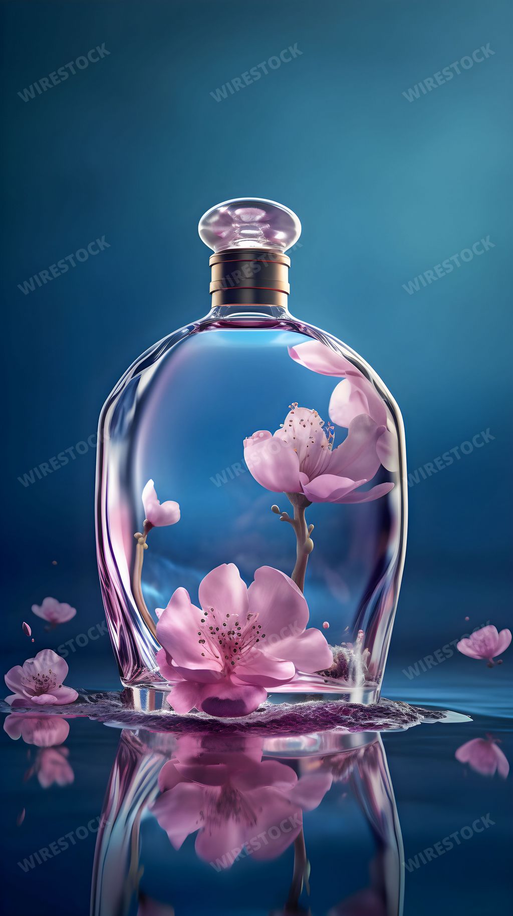 AI generated digital art of a glass bottle with flowers inside of it, set on a liquid