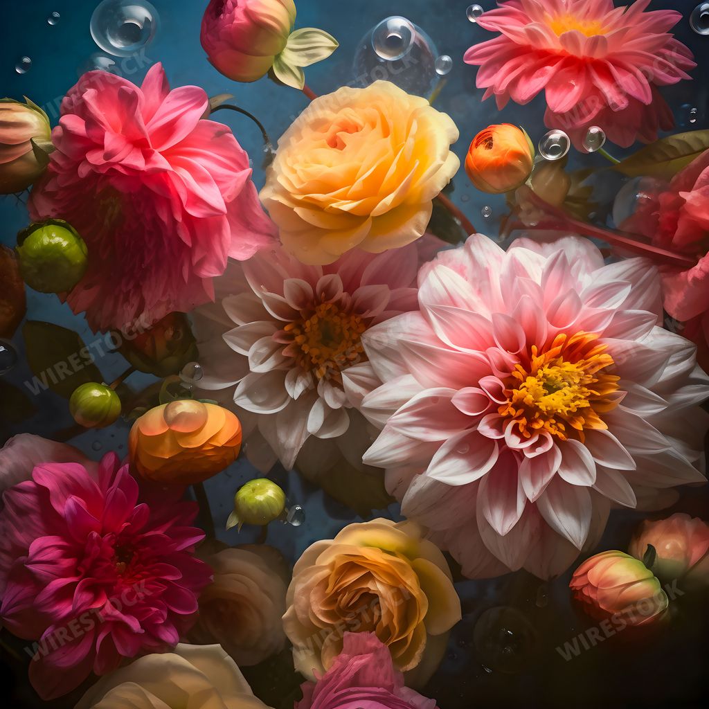 AI generated digital art of flowers like dahlias, peonias, roses, daisies, sunflowers and buds that are floating among bubbles in the water