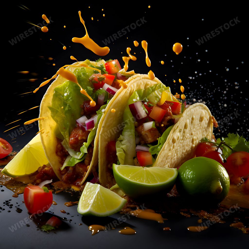 AI generated digital art of Mexican food, a plate full of delicious tacos, with lots of ingredients placed next to it