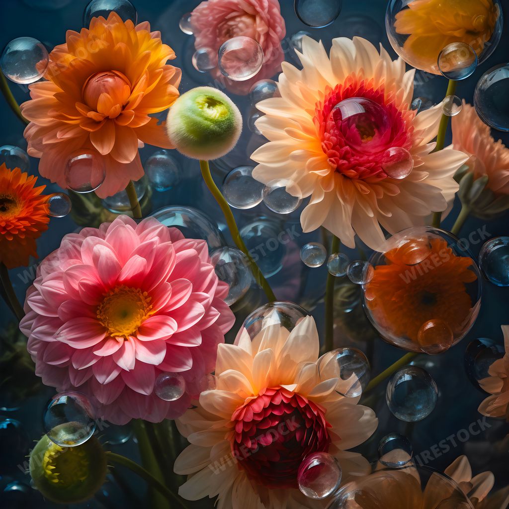AI generated digital art of flowers like dahlias, peonias, roses, daisies, sunflowers and buds that are floating among bubbles in the water