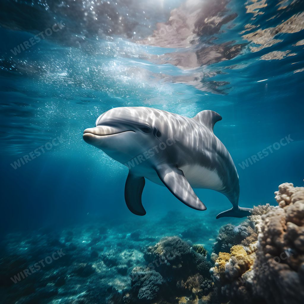 AI generated digital art of a dolphin swimming in the ocean, near the sea floor that is full of corals
