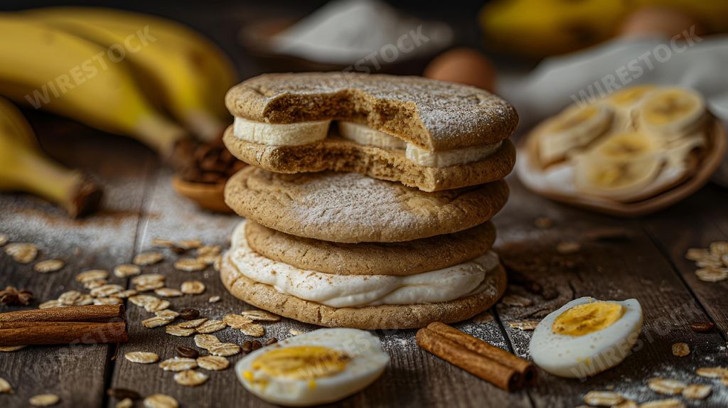 An arrangement of delicate cookies with eggs and bananas, AI-generated.