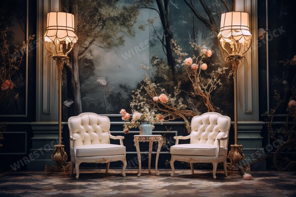 An AI illustration of An AI generated illustration of Two white chairs with an array of beautiful spring flowers placed in the center of the table