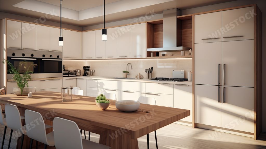 An AI generated illustration of  modern kitchen interior with all white cupboards, a wooden table, and four chairs