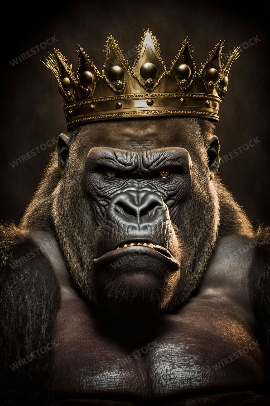 An AI generated illustration of an angry powerful gorilla with a crown