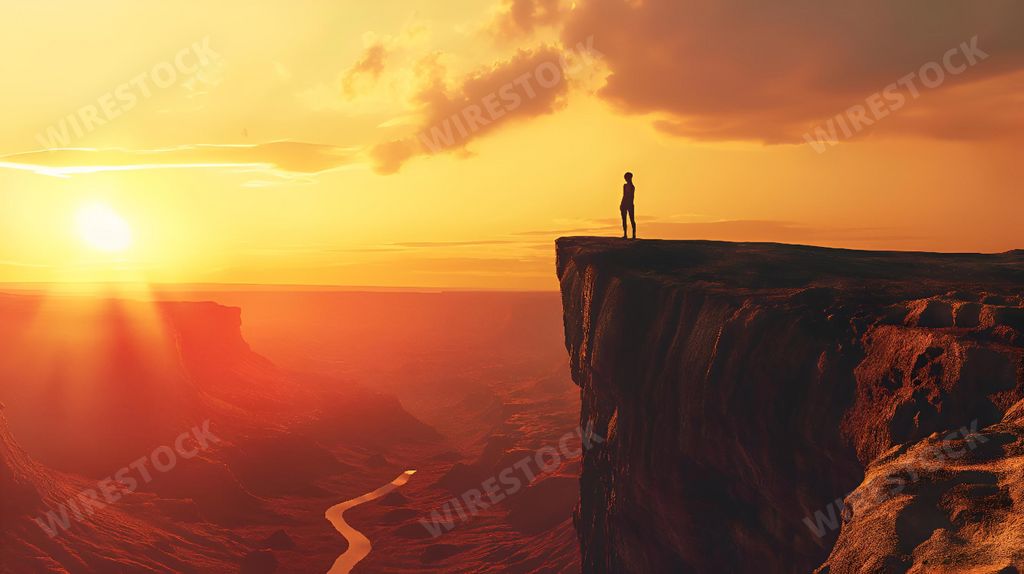 An AI generated illustration of Person silhouetted on cliff edge at sunset, sun shining over horizon