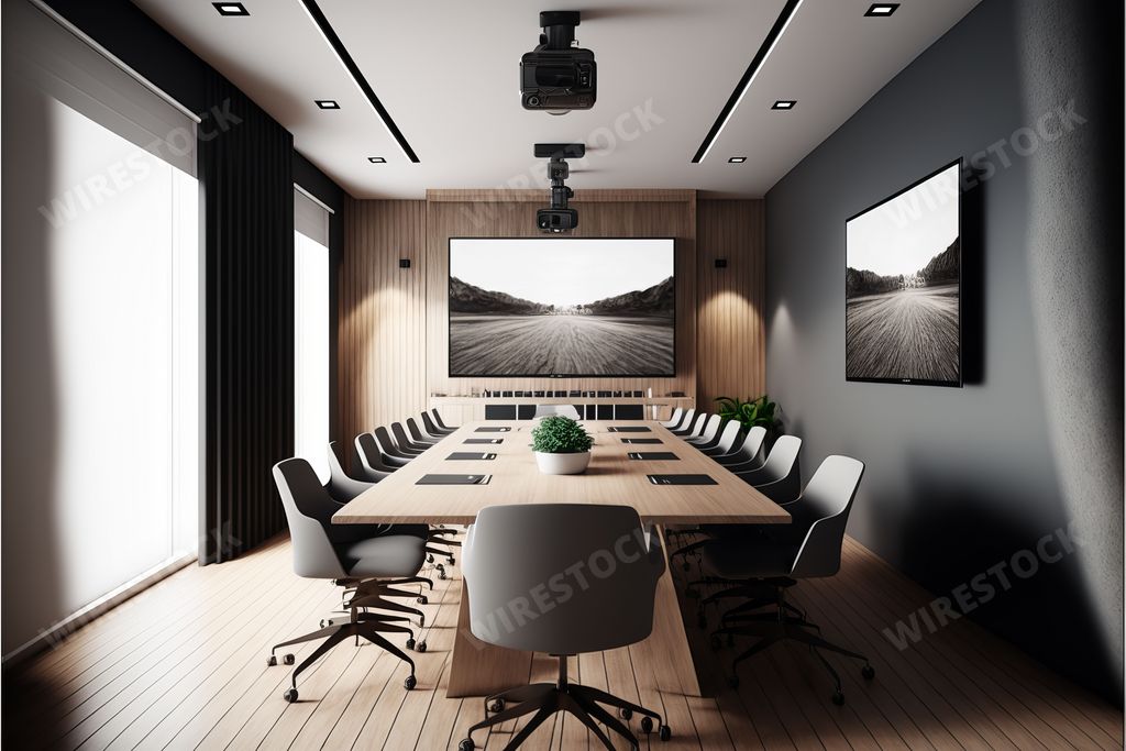 An AI generated illustration of realistic modern furniture and interior design of meeting room, long table with chairs and LCD screens on the walls