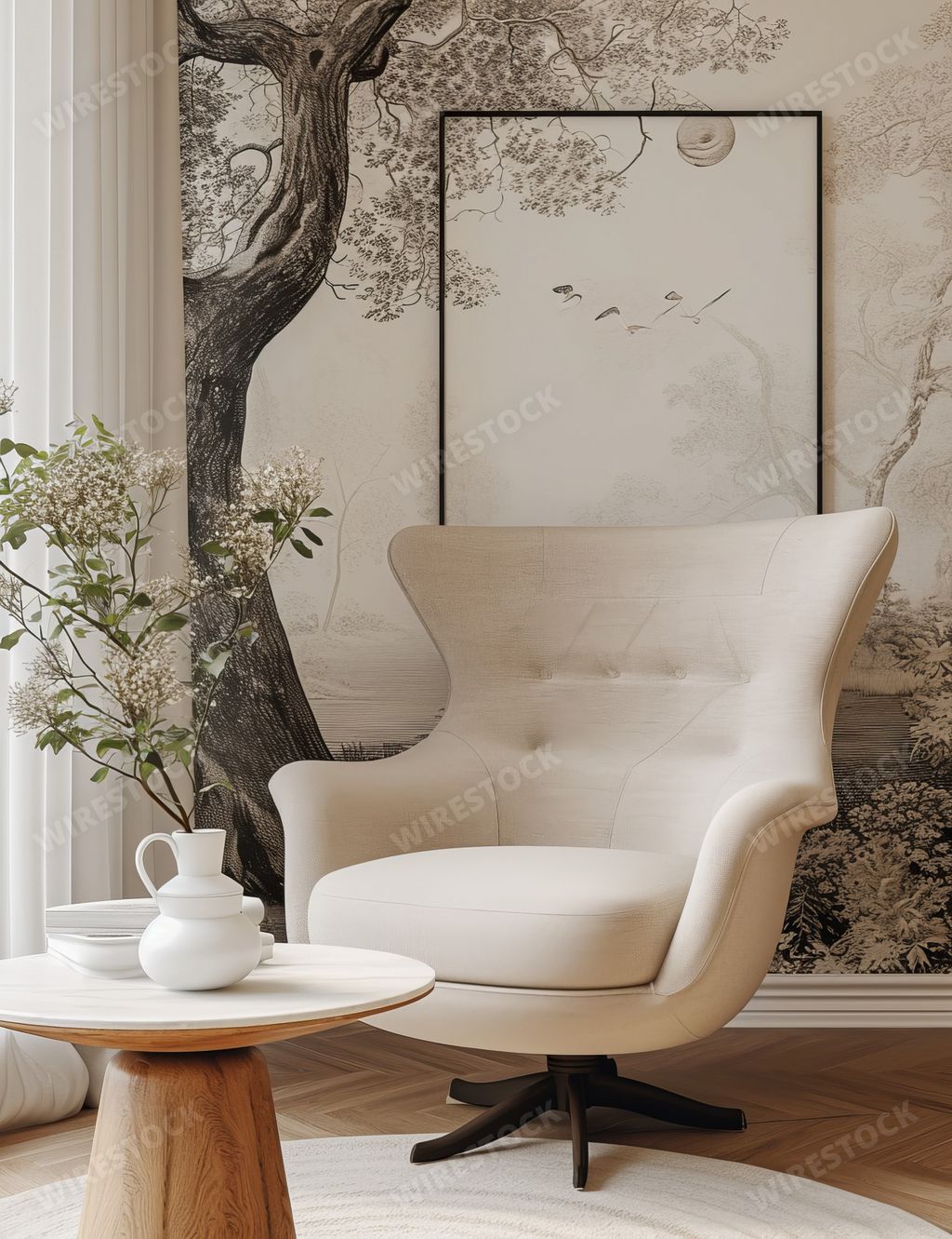 An AI generated illustration of a modern white lounge chair next to a small table