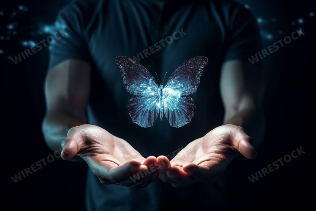An AI generated illustration of a woman's hands cradling a floating illuminated blue butterfly