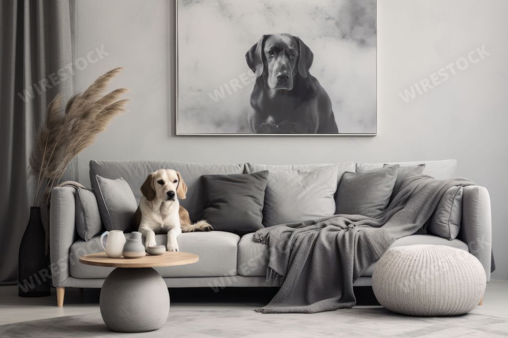 A golden retriever is perched atop a cozy gray couch in a living room setting