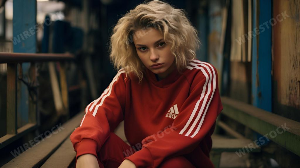 An AI generated illustration of A young woman with long blonde hair is sitting on a bench wearing an Adidas sweatshirt