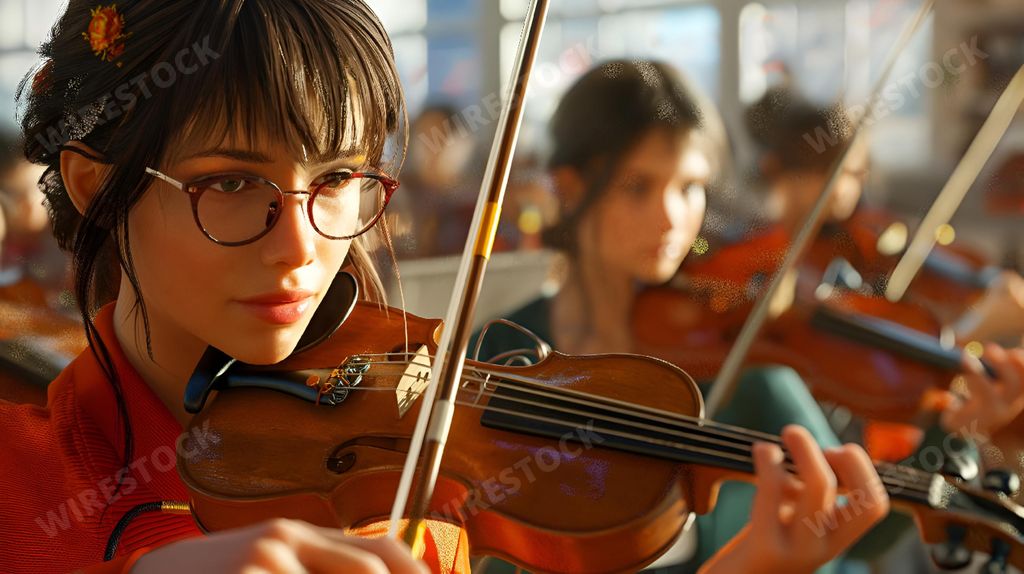 An AI generated illustration of A young female violinist performing with an orchestra