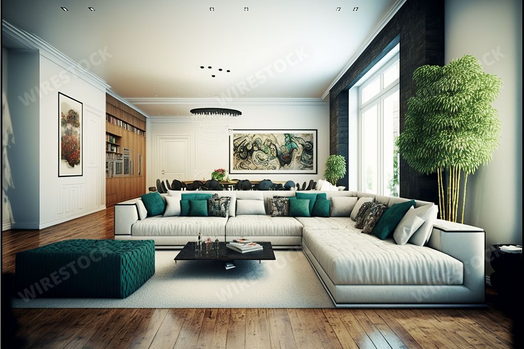 An AI generated illustration of a modern design living room in an elegant house