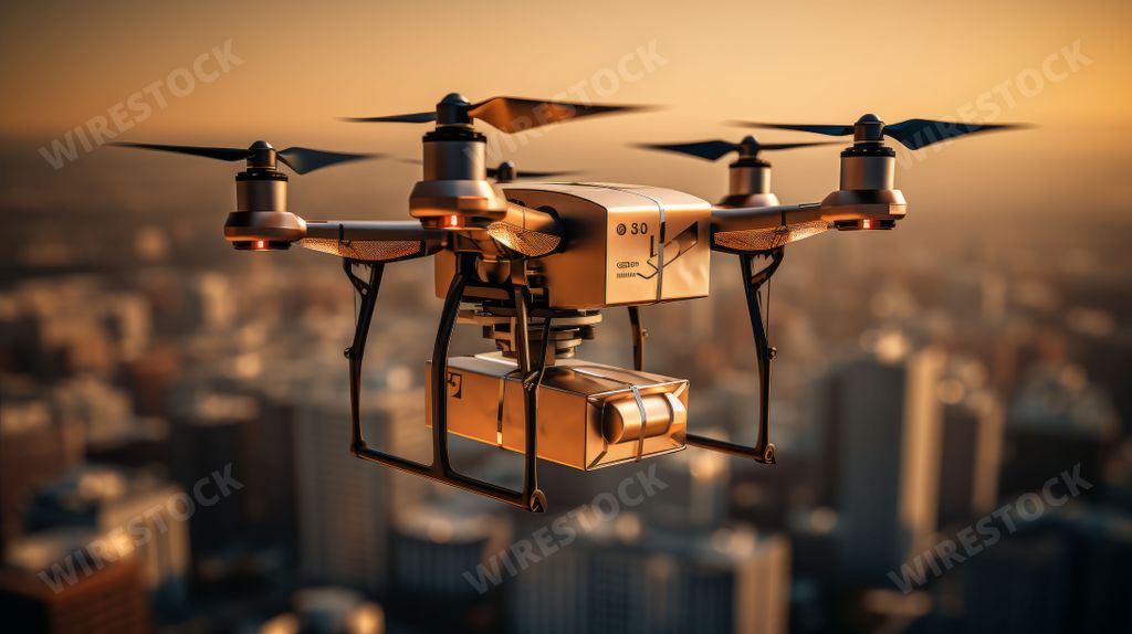 An AI generated illustration of a drone with a box flying above a city at golden hour