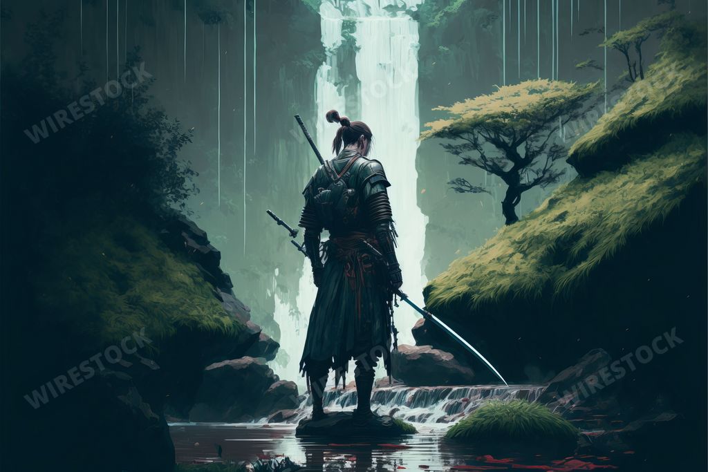An AI generated illustration of A man stands proudly, holding a sword in his right hand, with a waterfall in the background and lush green trees surrounding him