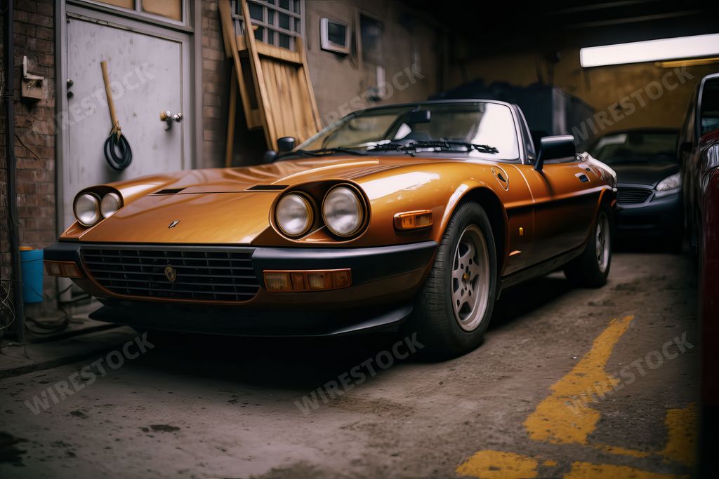 An AI generated illustration of a vintage car in the garage.