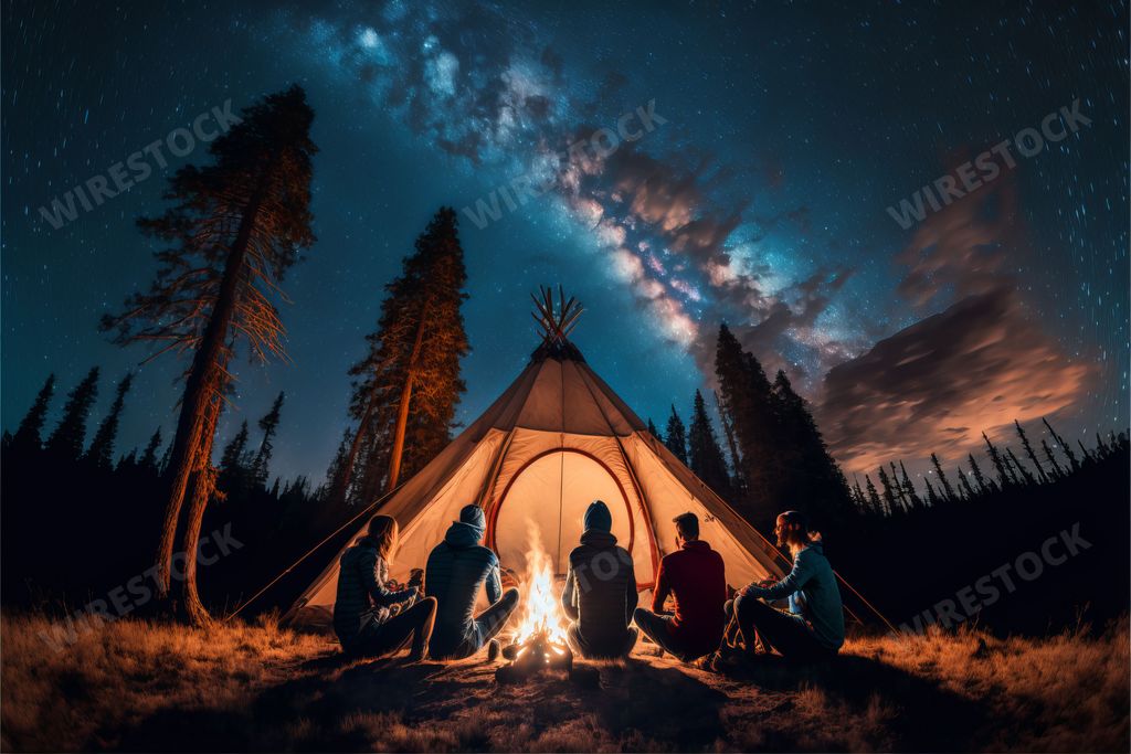 An AI generated illustration of a group of friends sitting next to the campfire under the starry sky