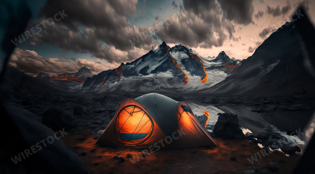An AI generated illustration of a reddish camping tent on a snowy mountainous area in the evening