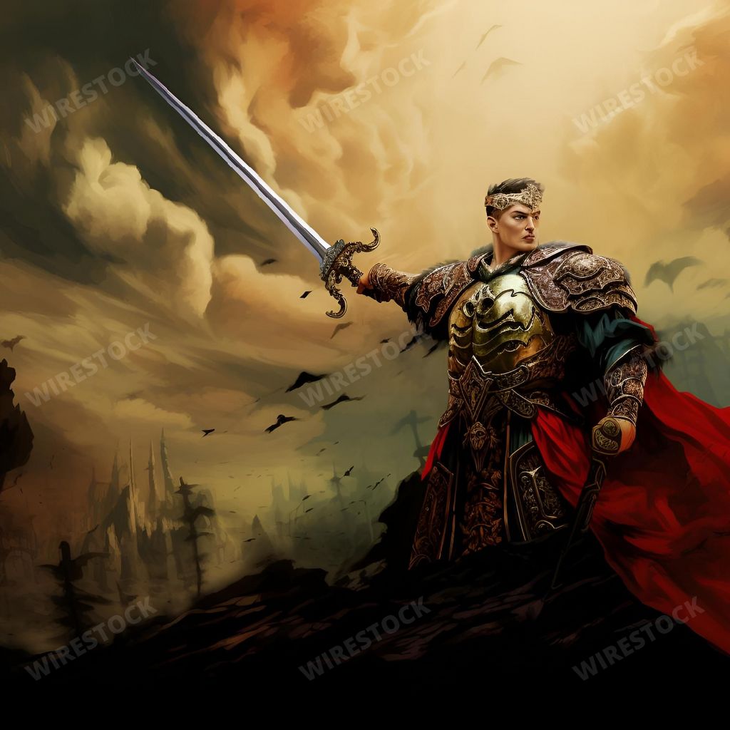 An AI generated illustration of A young man stands confident and proud in a striking red cape and black and gold armor