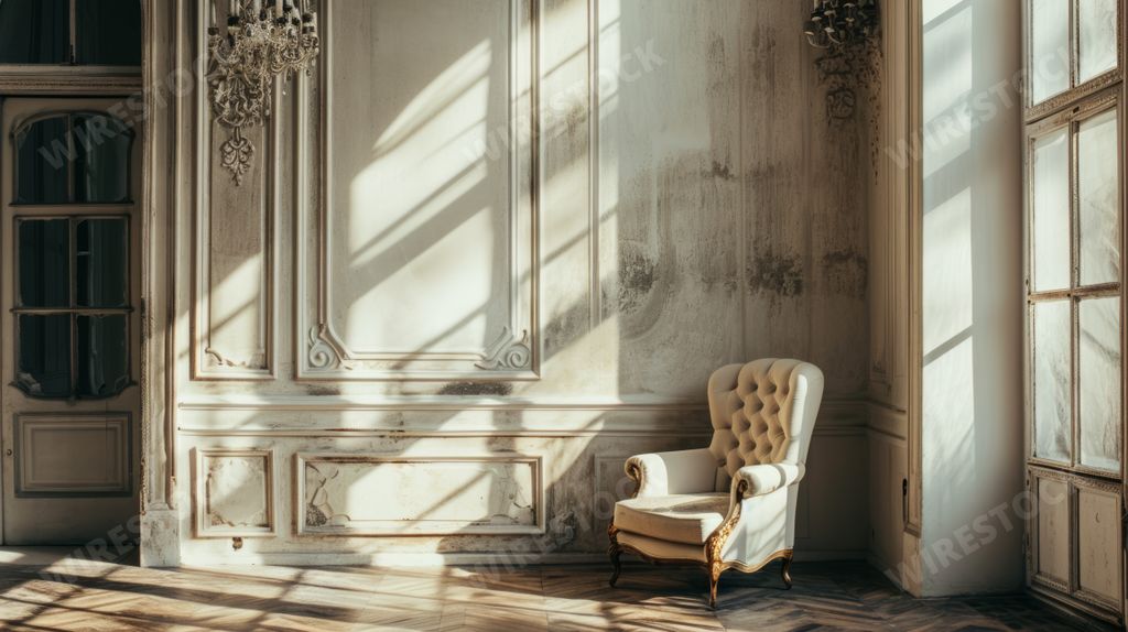 An AI generated illustration of a sunlit room with vintage white chair and a doorway