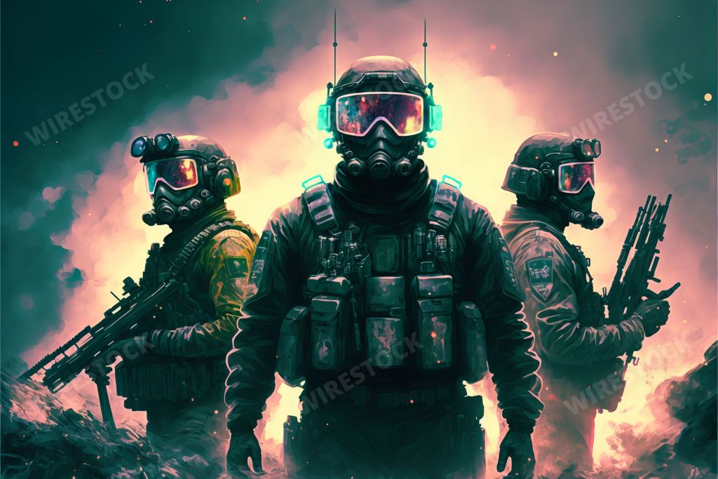 An AI generated illustration of A group of military personnel stand in front of an explosion, with bright and vivid colors illuminated in the smoke, creating a dynamic and powerful scene