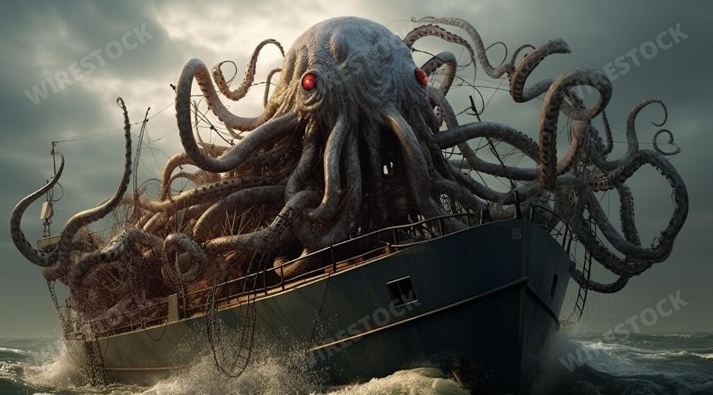 An AI illustration of An AI generated illustration of A large squid-like octopus is seen swimming peacefully in the vast ocean near a large ship