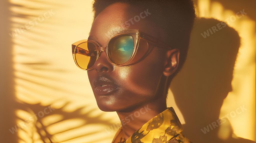 An AI generated illustration of Woman wearing yellow sunglasses with sun shining on her face