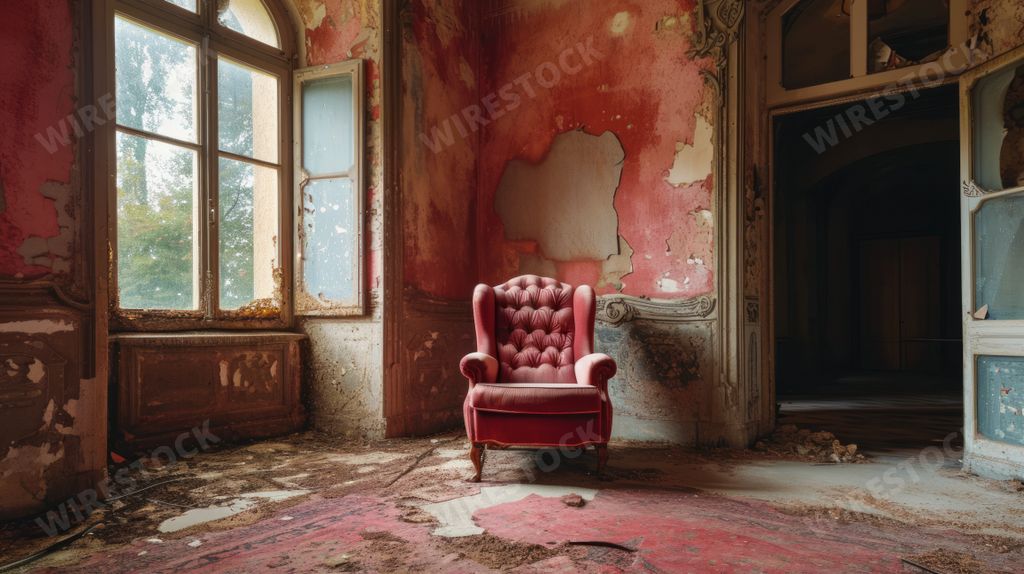 An AI generated illustration of an abandoned room with damaged ceiling and shattered window