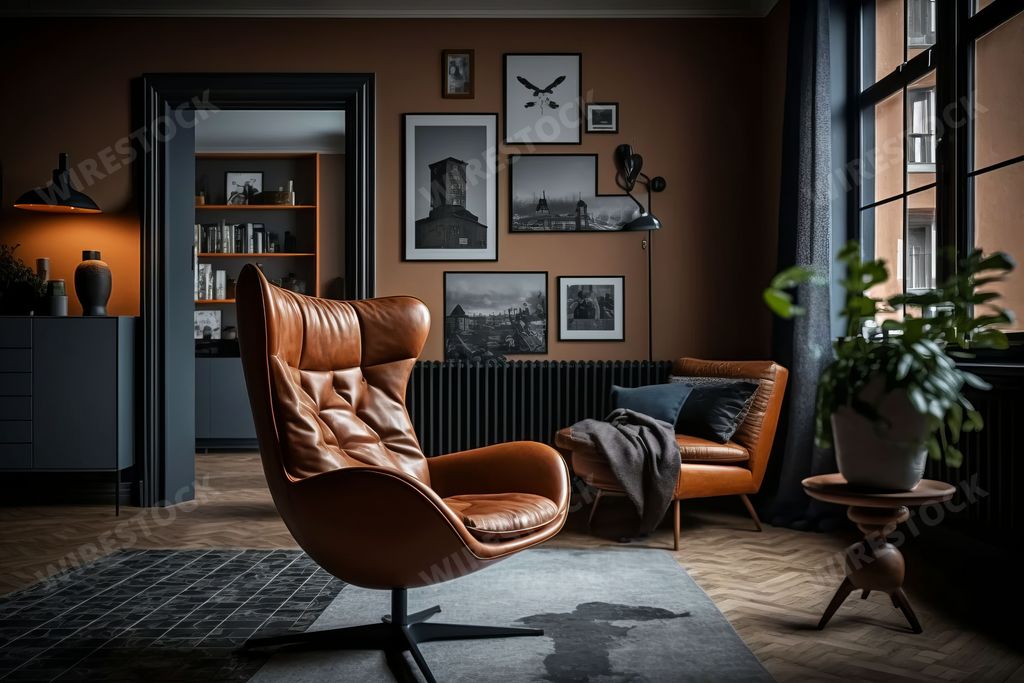 A cozy living room with a large brown armchair and additional seating in front of a large window