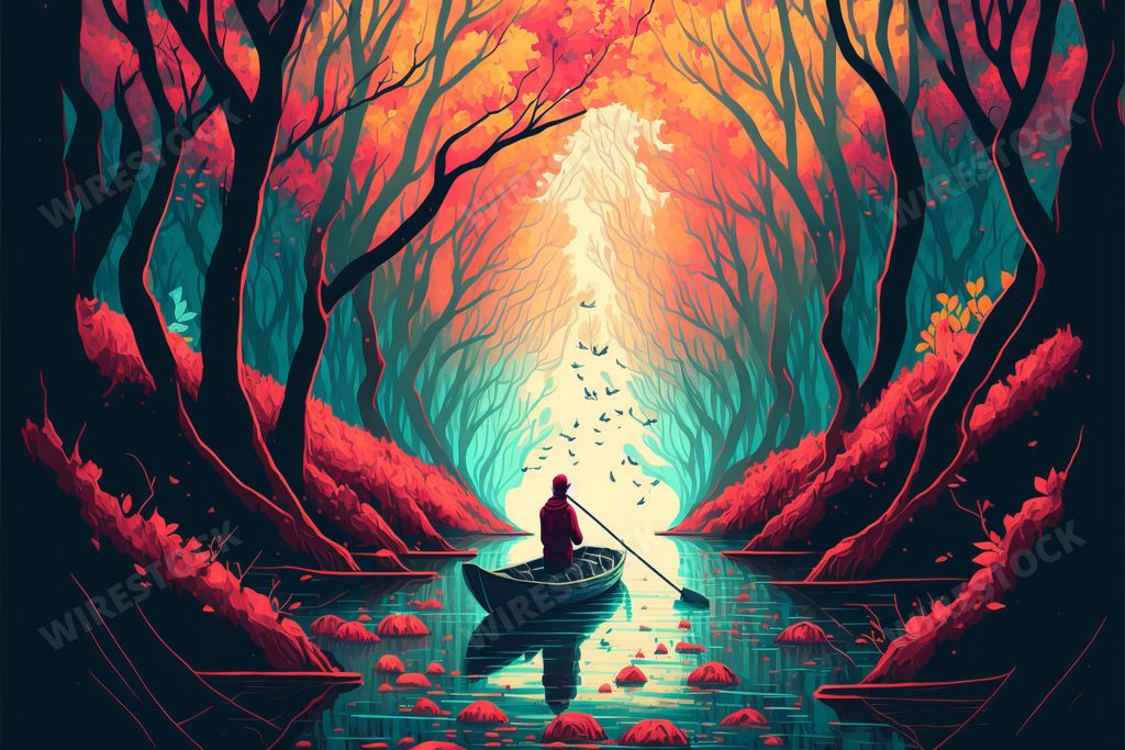 A man is sailing leisurely on a small boat down a tranquil river
