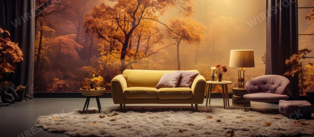 An AI generated illustration of cozy living room with a plush sofa and walls with warm autumnal colors
