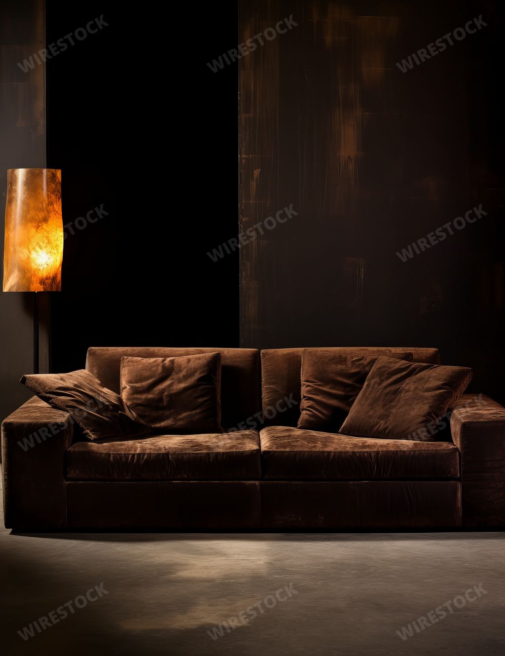 An AI generated illustration of a cozy brown sofa in a softly illuminated room